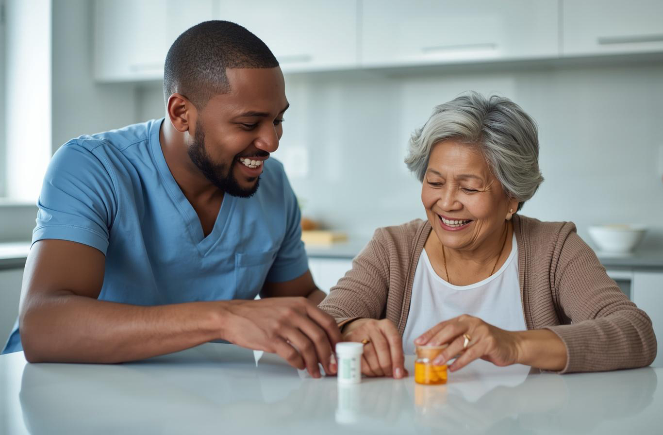 Caregiver helping senior woman with medication