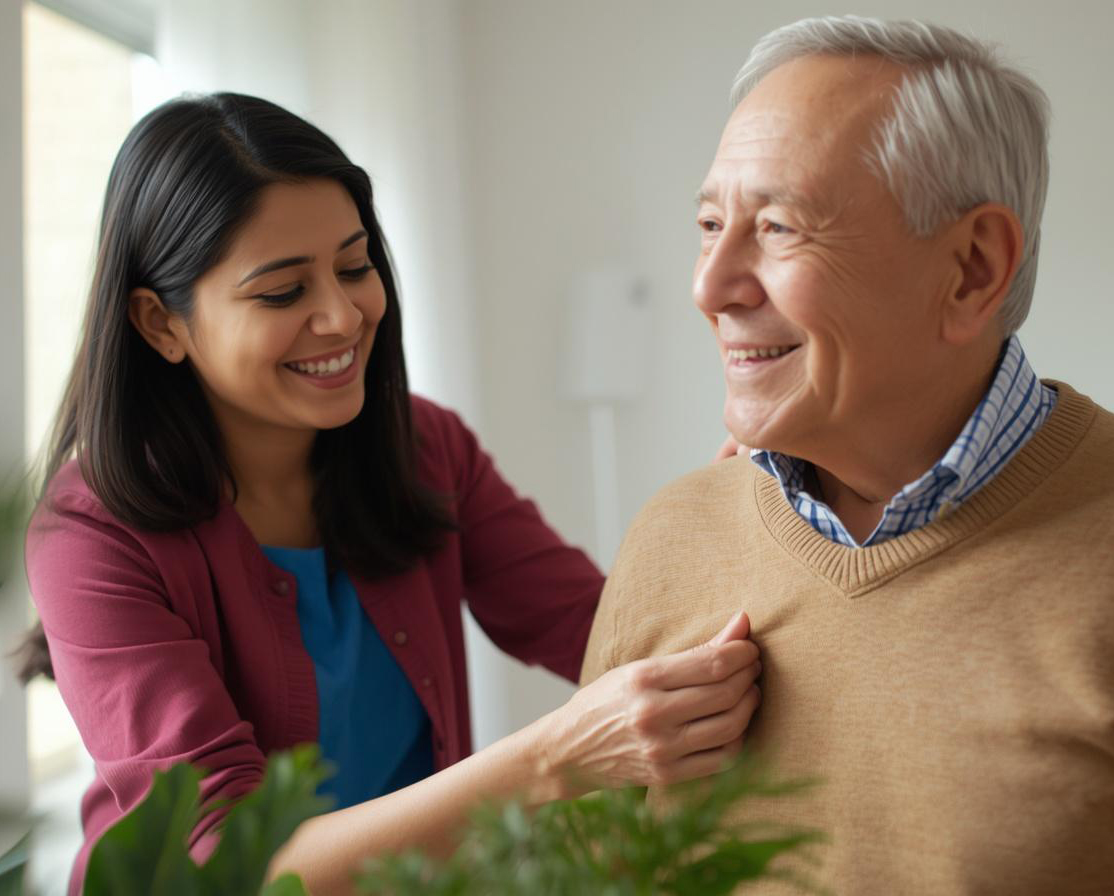 Caregiver speaking with senior at home